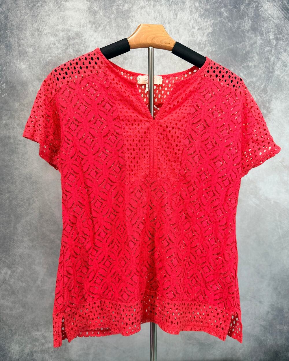 Shannon Ford New York Coral Red Eyelet Lace Short Sleeve Top Medium